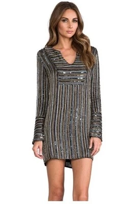 Mini vestido de manga comprida listrado de seda com lantejoulas metálicas Torn By Ronny Kobo tamanho P - Imagem 1 de 4