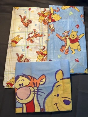 Disney Winnie the Pooh & Tigger Twin Sheet Set & Pillow Case Plaid Vtg Blue - Image 1 of 4