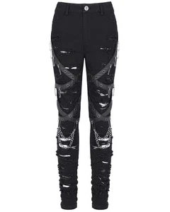 Devil Fashion Womens Apocalyptic Punk Shredded Chain & Strap Skinny Jeans - Picture 1 of 13