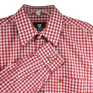Camicia Trachten Vintage Uomo S Rosso Bianco Gingham Cotone Bottoni Manica Lunga - Foto 1 di 8