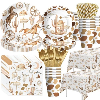 Western Cowboy Party Decorations Set Plates Cups Napkins Cutlery Tablecloth W... - Image 1 of 4