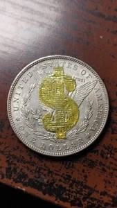 1887 Morgan Silver Dollar $1 Advertising Casino Sticker Gold Dollar Sign S667 - Picture 1 of 2