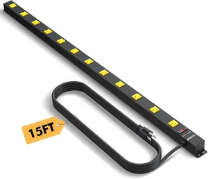 12 Outlet Long Power Strip with 15Ft Cord, Wide Spaced Industrial Heavy Duty Sur - Picture 1 of 8