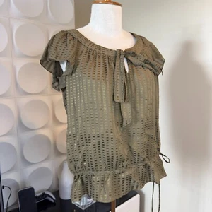 Top Milly Mezcla de Seda Oliva Blusa Mangas Fluidas Acento de Lazo Talla Cero - Imagen 1 de 8