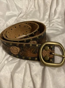 Lucky Brand Floral Embossed Bronze/Gold Hardware Black/Brown Leather Belt Sz 28 - Picture 1 of 7