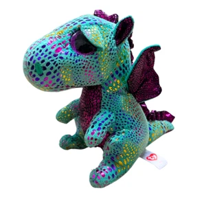 Ty Cinder Beanie Boos 6” Metallic Rainbow Green & Purple Dragon Sad Face Sleepy - Picture 1 of 5