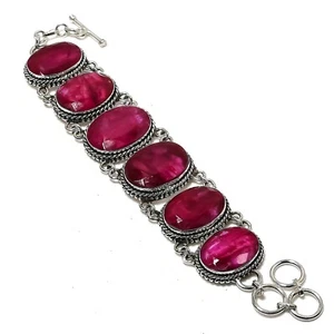 Kashmiri Red Ruby Gemstone Handmade 925 Solid Silver Jewelry Bracelet For Gift - Picture 1 of 6