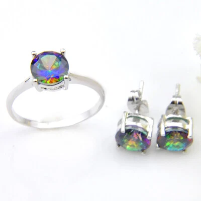 Deslumbrante conjunto de joyas redondas más aretes de plata con topacio místico real azul Foto 1 de 3