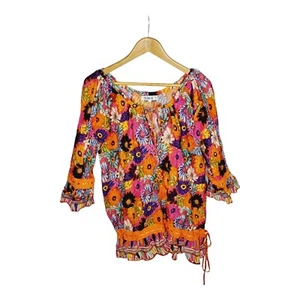 Naudic Size S Colourful Floral Print Cotton Blouse Drawstring Neckline - Picture 1 of 11