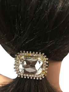 New Large Clear Emerald Crystal Cut Ponytail Black Elastic Band - Picture 1 of 2