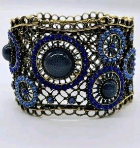 Kirks Folly Hinged Cuff Bracelet WIDE Blue Crystal Heart Statement Gold tone - Picture 1 of 8