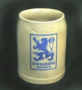 Lowenbrau Munich 0.5 Litre Salt Glazed Hand Thrown Beer Mug Stein w/ Logo - Picture 1 of 5
