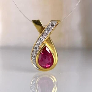 18k Solid Gold Natural Ruby and Diamonds Gemstone Vintage Pendant Jewelry - Picture 1 of 4