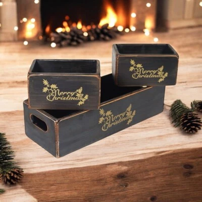 Rustic Vintage Black Merry Xmas Boxes Wooden Gift to Display Storage Crate Set 3 - Image 1 of 4