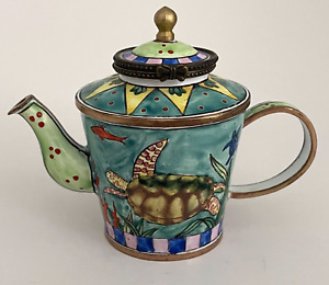 KELVIN CHEN Miniature Enameled Tea Pot Trinket Box 1999 Sea Turtle ocean # 934