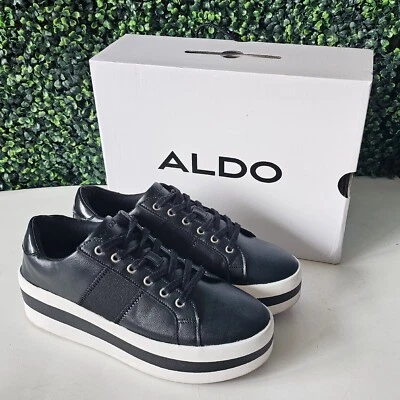Zapatilla deportiva de plataforma de cuero Aldo Elriodia negra blanca a rayas talla 9 caja Foto 1 de 4