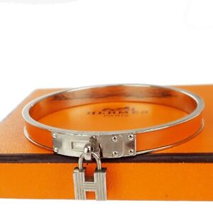HERMES H Kelly Bangle Bracelet Orange Leather Silver Plated Accessory 62MY470