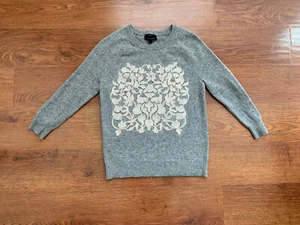 J Crew wool/cashmere sweater S/XS gray with ivory embroidered design - Picture 1 of 10