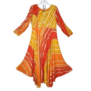 Womens Maxi Dress XL Red Orange Gold Flowy Assymetrical Abstract Bohemian Resort - Picture 1 of 8