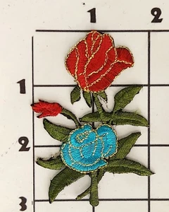 Red Turquoise Flower Patch Embroidered Sew On Applique Costume Upcycle - Picture 1 of 1