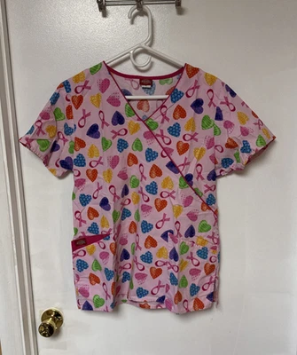 Dickies Scrub Top – Pink Hearts & Breast Cancer Ribbons – Size M – Used Good - Image 1 of 3