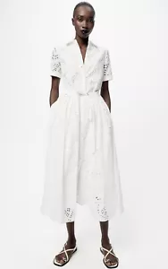 ZARA WOMAN COLLARED ZW COLLECTION EMBROIDERED SHIRT WHITE DRESS Size S 2614/271 - Picture 1 of 5
