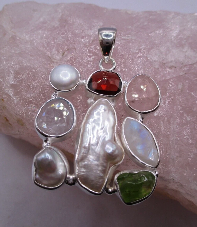 Traum Anhänger 925 Sterlingsilber Perle Biwa Blautopas Granat Peridot 3 x 3 cm - Bild 1 von 4