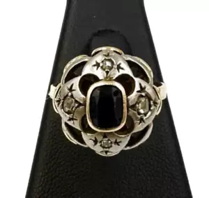Anillo Antiguo de Oro 18K Y Plata con Rosetas Y Zafiro Natural Vintage '40 - Imagen 1 de 14