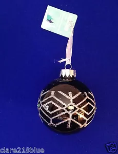 Christbaumkugel aus schwarzem Glas silber Glitzer Rautenmuster grüner Edelstein (8 cm) - Bild 1 von 2