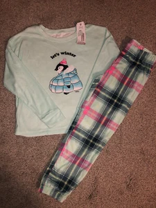 NWT Justice Girl's Pajama Set PJ Penguin Let's Winter Plaid Soft Cozy Size 8 - Picture 1 of 2