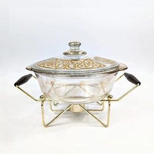 MCM Georges Briard Lidded Casserole Dish & Cradle 22k Gold Scroll Fleur De Lis - Picture 1 of 12