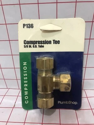 5/8" Tube O.D. Tee Brass Compression Fitting Plumbing Adapter Water Oil - Image 1 of 2