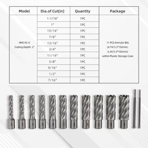 Annular Cutter Kit 11Pcs 2'' Depth Cutting HSS Weldon Shank 9/16'' 7/8'' 1-1/16 - Picture 1 of 11