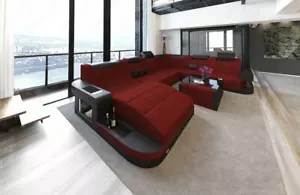 Sofa Designer Couch Wave XXL Interior Design Sofa Set Dark Red LED Ottoman - Picture 1 of 9
