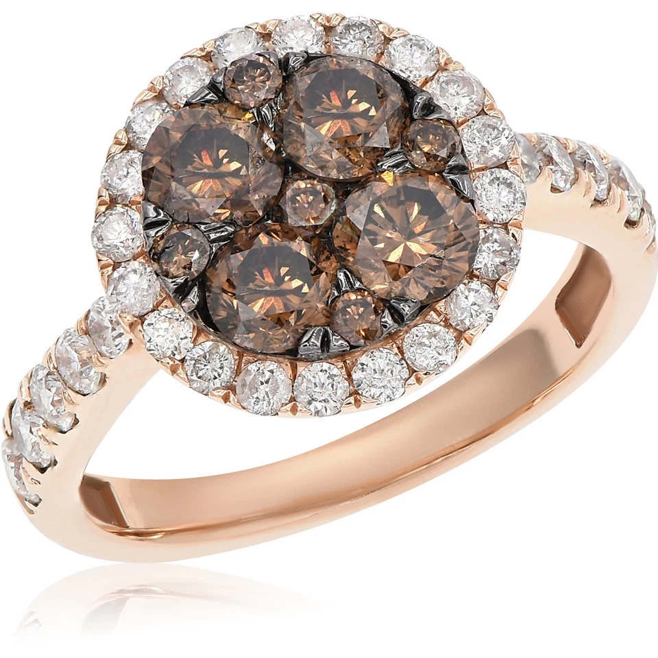 14K ROSE GOLD HALO PAVE DIAMOND CHAMPAGNE BROWN COGNAC ENGAGEMENT CLUSTER RING - Image 1 of 1