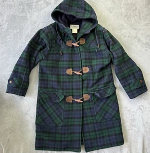 L.L. Bean Duffle Coat Womens Medium Vintage 80s Black Plaid Green Check Made USA - Picture 1 of 17