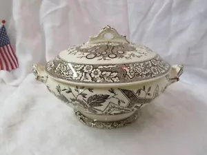 ATQ 1880 England Wedgwood braun Transferware rnd bedeckt Gemüseschale Beatrice - Bild 1 von 9