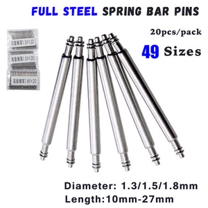 20pcs 1.3mm 1.5mm 1.8mm Solid Stainless Steel Watch Band Spring Bar Pins 10-27mm - Picture 1 of 15