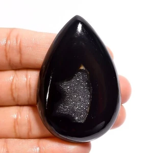 Natural Black Druzy Pear Shape Cabochon Loose Gemstone 119.5 Ct 53X35X8mm JE1569 - Picture 1 of 3