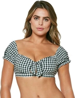 Top de bikini de manga abullonada Jessica Simpson para mujer, guinga negra/blanca, L Foto 1 de 4
