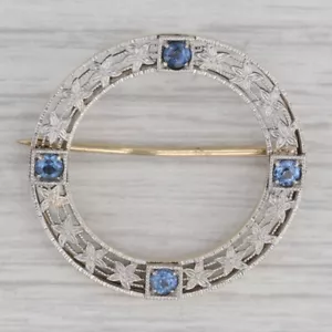 0.34ctw Blue Sapphire Filigree Wreath Pin 14k Gold Platinum Floral Badge - Picture 1 of 6