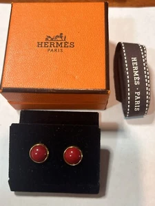 Beautiful Authentic Hermes Gold Plated Carnelian Stud Earrings 11mm With Box - Picture 1 of 6