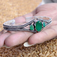 Faceted Oval Green Onyx Gemstone Bracelet 925 Sterling Silver Cuff Bangle-ss2