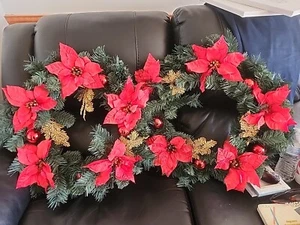20" Artificial Pine Red Poinsettias Balls Gold Leaf Christmas Wreaths Lot Of 2 - Picture 1 of 8
