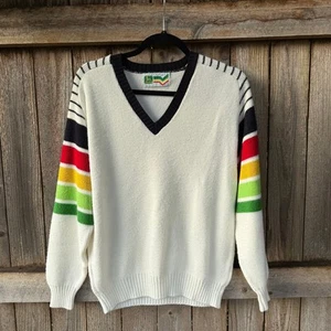 Vintage White rainbow striped sleeves John Deere V-Neck SWEATER acrylic dealer - Picture 1 of 5