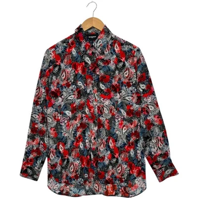 Camisa de seda The Kooples Paris para mujer 2 roja multicolor cachemira floral abotonada Foto 1 de 4