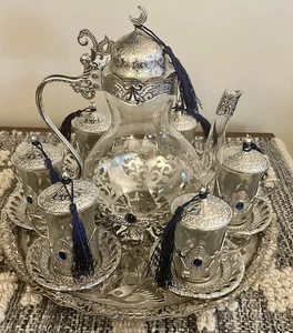 OTTOMAN TURKISH SILVER & BLUE TEA SET: TEA POT, 6 CUPS & TRAY - CRESCENT FINIAL - Picture 1 of 16