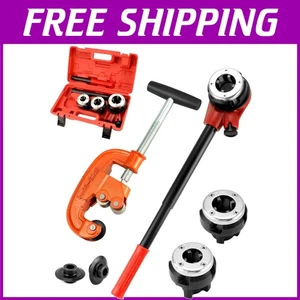 Red Heavy Duty BSPT Pipe Threading Kit with Cutter, 3 Dies & Replacement Wheels - Picture 1 of 11