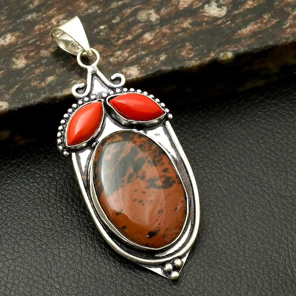 Colgante étnico hecho a mano de piedras preciosas de coral obsidiana caoba 2,88" AP-42218 Foto 1 de 1