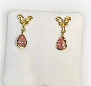Pink Topaz Earrings Studs 9ct Solid Gold 0.78gram- 14mm drop. - Picture 1 of 2